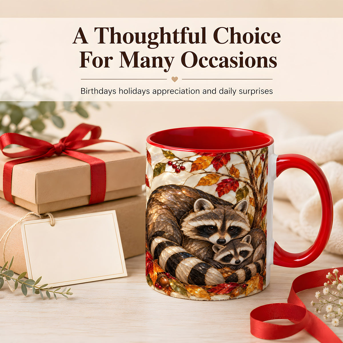 #pl[11oz|Red] Stained Glass Raccoon Coffee Mug, Autumn Family Mug, Ceramic Cup
