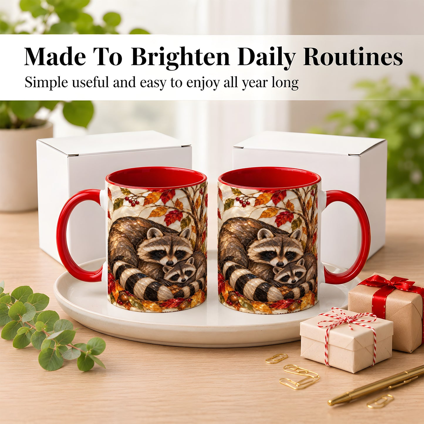 #pl[11oz|Red] Stained Glass Raccoon Coffee Mug, Autumn Family Mug, Ceramic Cup