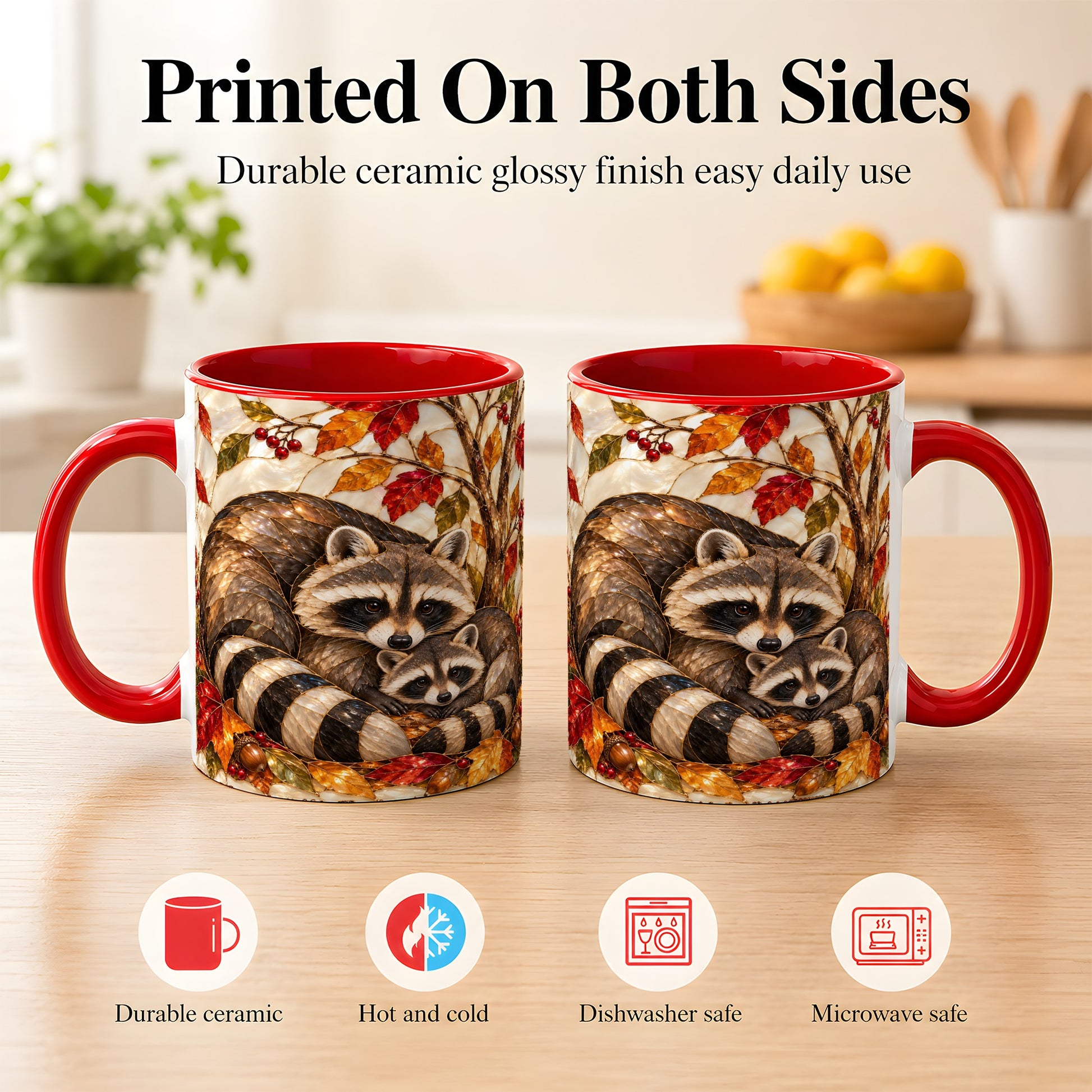 #pl[11oz|Red] Stained Glass Raccoon Coffee Mug, Autumn Family Mug, Ceramic Cup