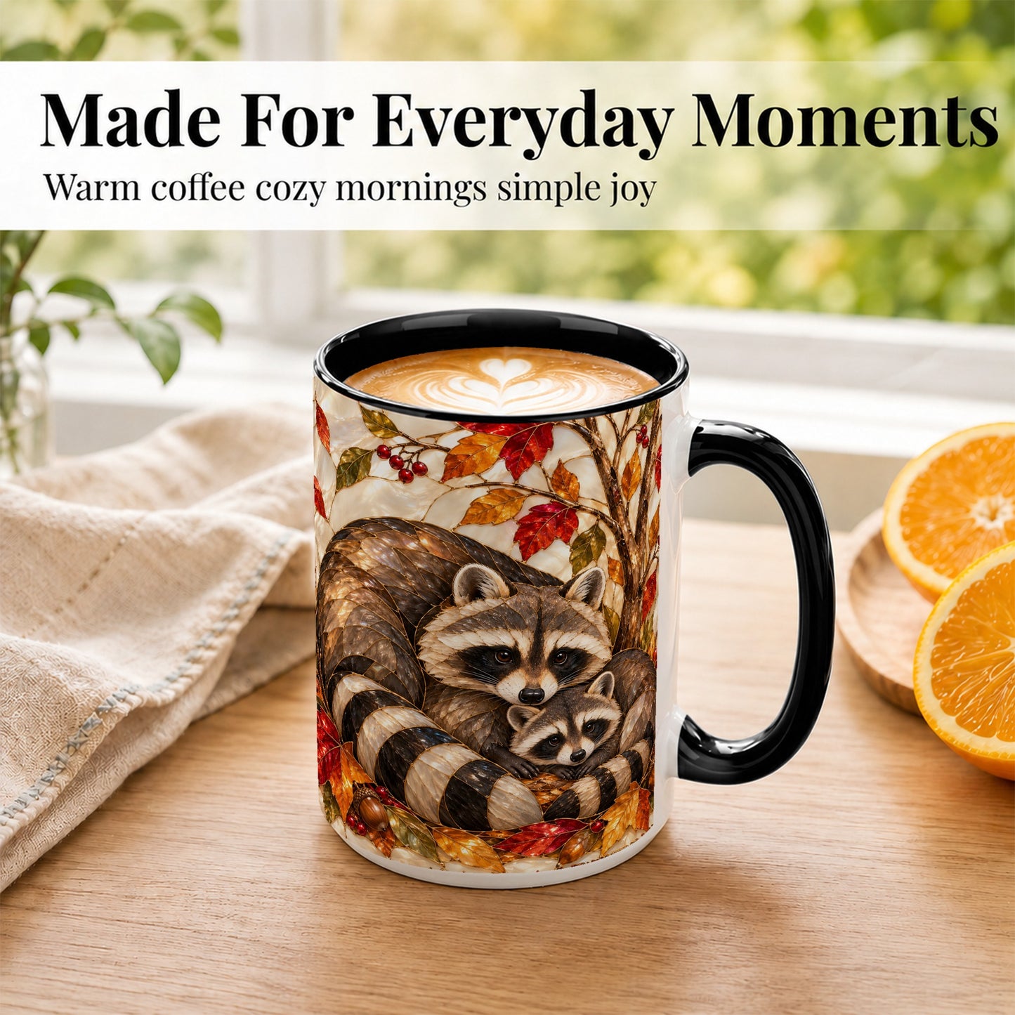 #pl[15oz|Black] Stained Glass Raccoon Coffee Mug, Autumn Family Mug, Ceramic Cup
