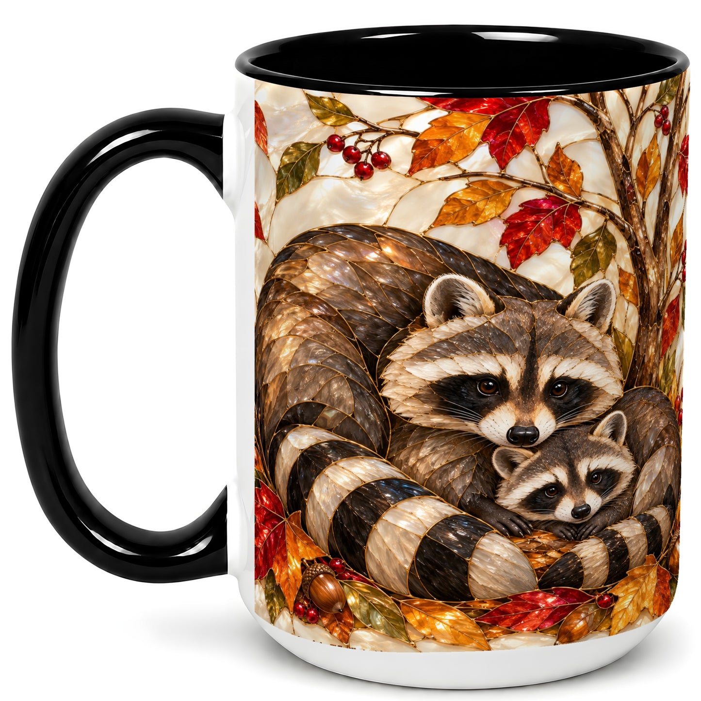 #pl[15oz|Black] Stained Glass Raccoon Coffee Mug, Autumn Family Mug, Ceramic Cup