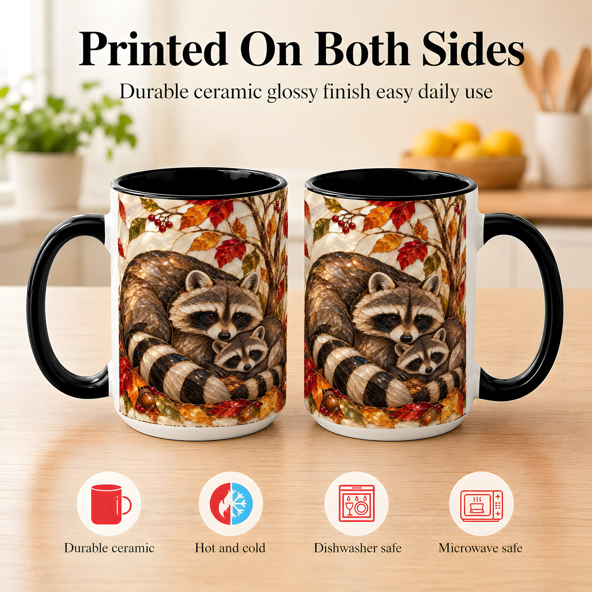 #pl[15oz|Black] Stained Glass Raccoon Coffee Mug, Autumn Family Mug, Ceramic Cup