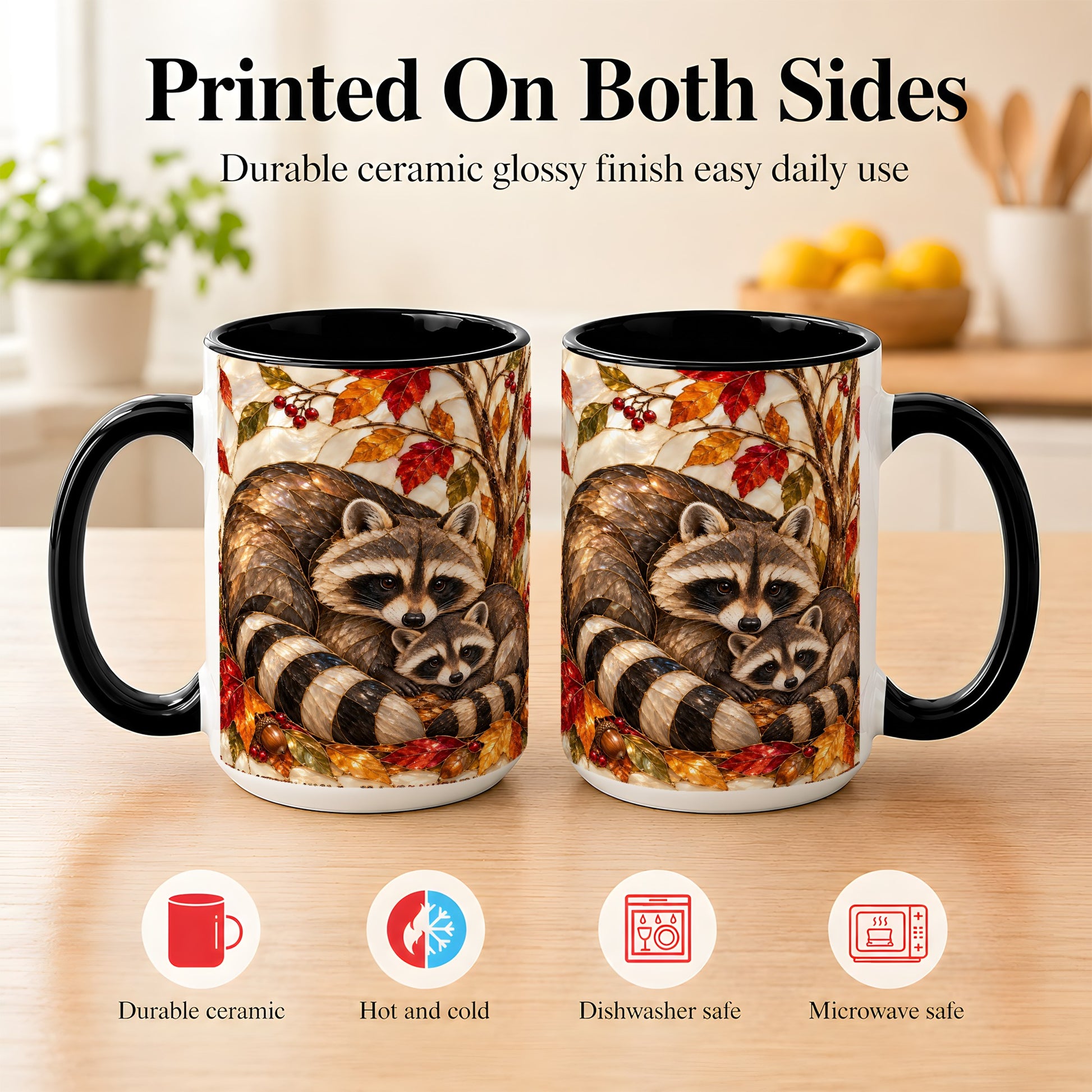 #pl[15oz|Black] Stained Glass Raccoon Coffee Mug, Autumn Family Mug, Ceramic Cup