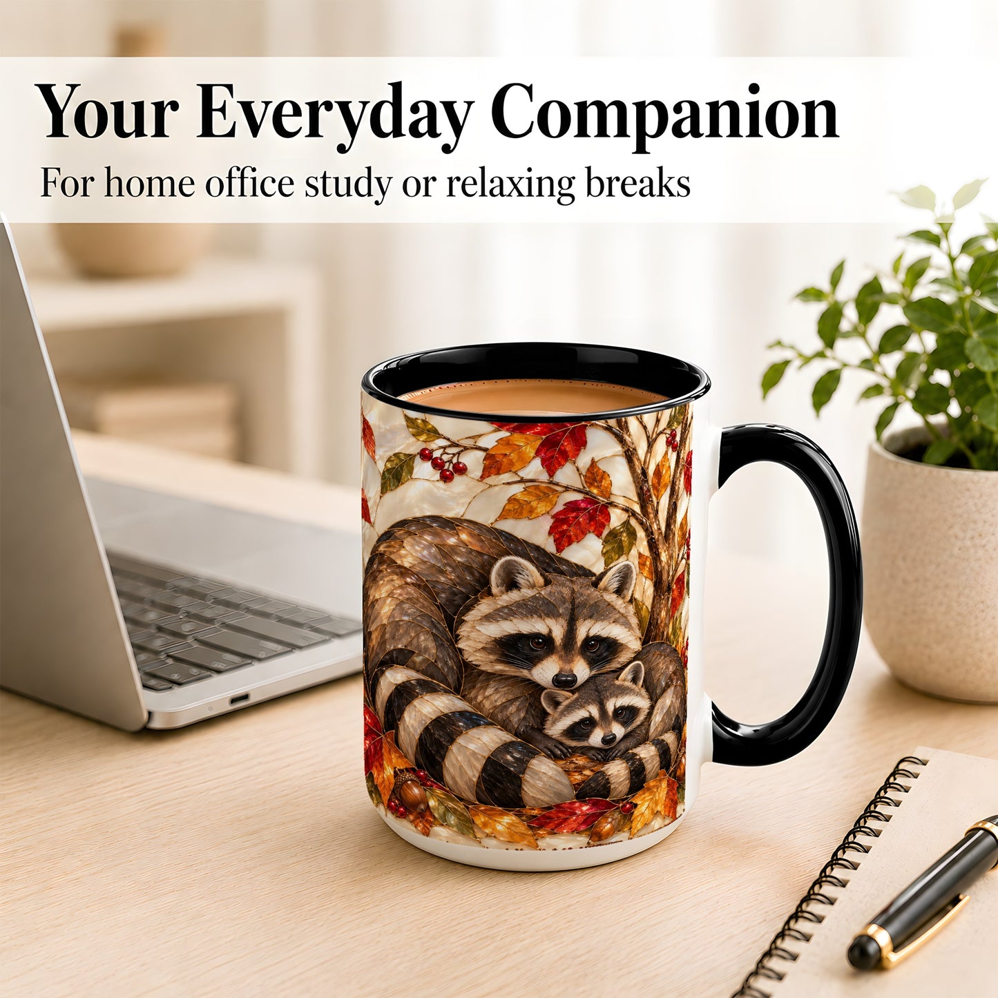 #pl[15oz|Black] Stained Glass Raccoon Coffee Mug, Autumn Family Mug, Ceramic Cup