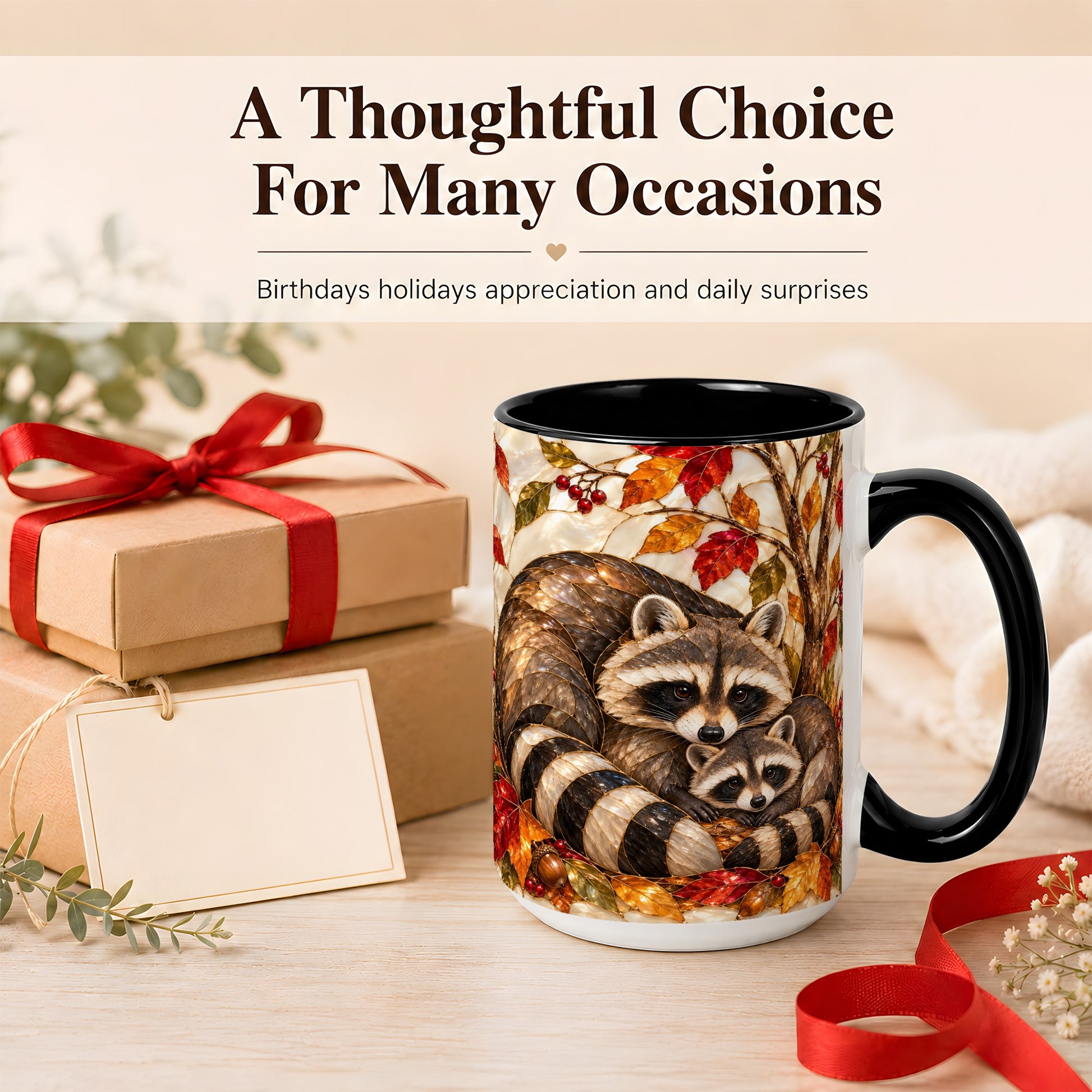 #pl[15oz|Black] Stained Glass Raccoon Coffee Mug, Autumn Family Mug, Ceramic Cup