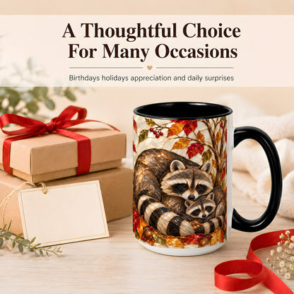 #pl[15oz|Black] Stained Glass Raccoon Coffee Mug, Autumn Family Mug, Ceramic Cup
