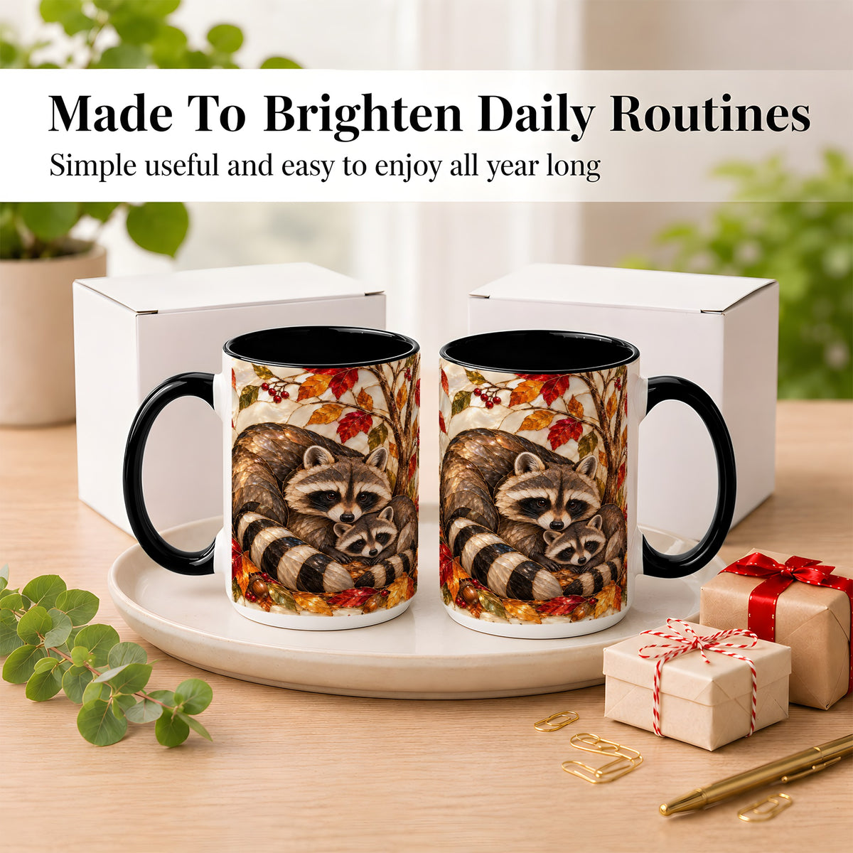 #pl[15oz|Black] Stained Glass Raccoon Coffee Mug, Autumn Family Mug, Ceramic Cup