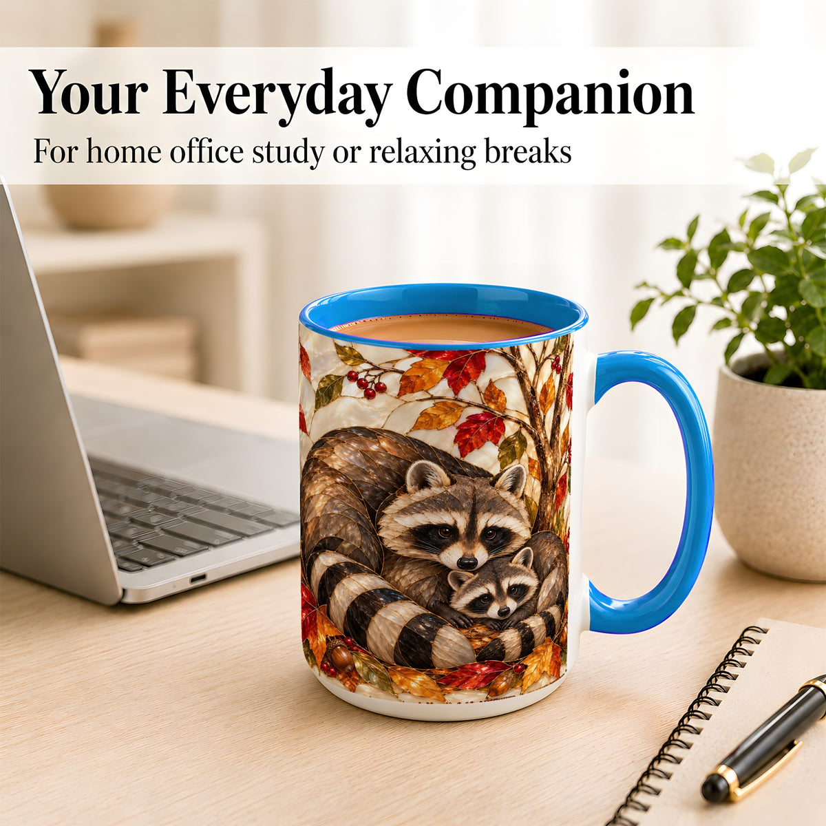 #pl[15oz|Blue] Stained Glass Raccoon Coffee Mug, Autumn Family Mug, Ceramic Cup