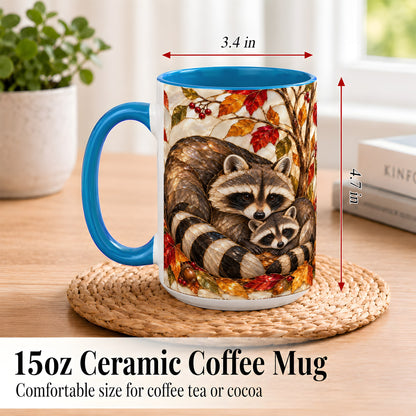 #pl[15oz|Blue] Stained Glass Raccoon Coffee Mug, Autumn Family Mug, Ceramic Cup