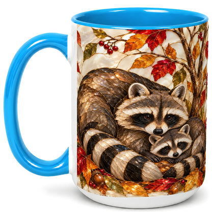 #pl[15oz|Blue] Stained Glass Raccoon Coffee Mug, Autumn Family Mug, Ceramic Cup