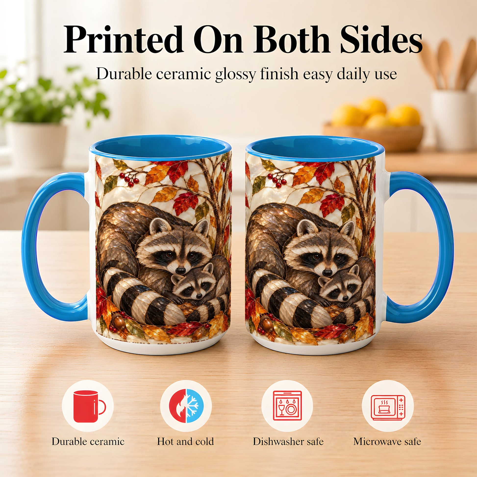 #pl[15oz|Blue] Stained Glass Raccoon Coffee Mug, Autumn Family Mug, Ceramic Cup