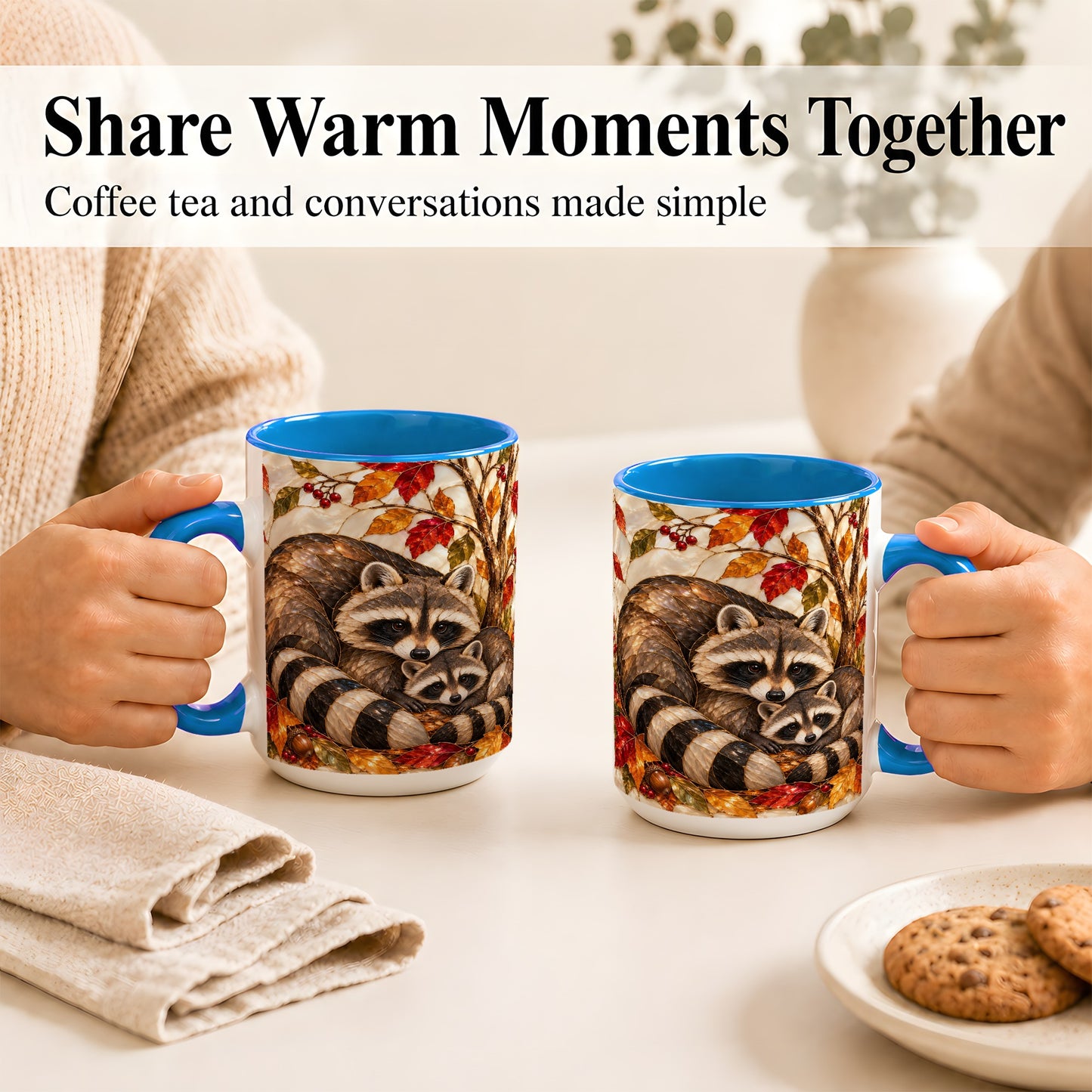 #pl[15oz|Blue] Stained Glass Raccoon Coffee Mug, Autumn Family Mug, Ceramic Cup