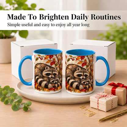 #pl[15oz|Blue] Stained Glass Raccoon Coffee Mug, Autumn Family Mug, Ceramic Cup