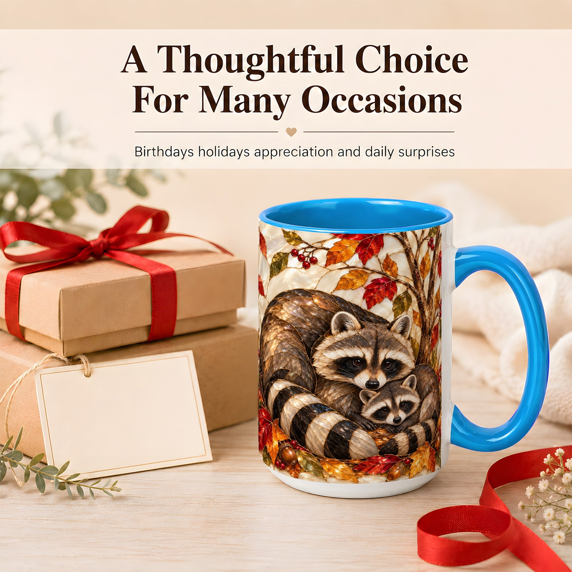 #pl[15oz|Blue] Stained Glass Raccoon Coffee Mug, Autumn Family Mug, Ceramic Cup