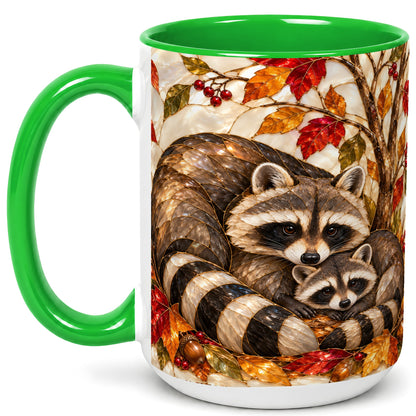 #pl[15oz|Green] Stained Glass Raccoon Coffee Mug, Autumn Family Mug, Ceramic Cup