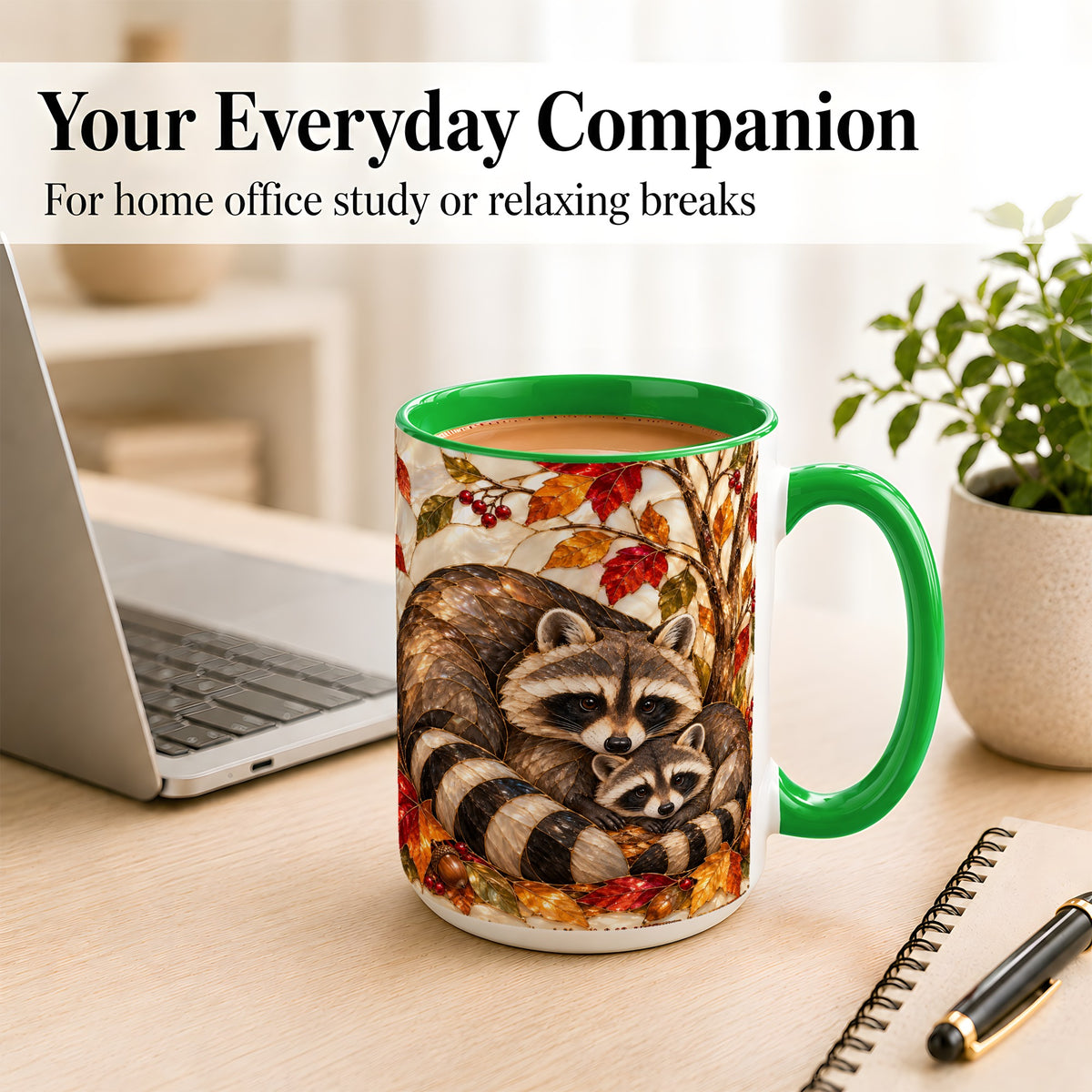 #pl[15oz|Green] Stained Glass Raccoon Coffee Mug, Autumn Family Mug, Ceramic Cup