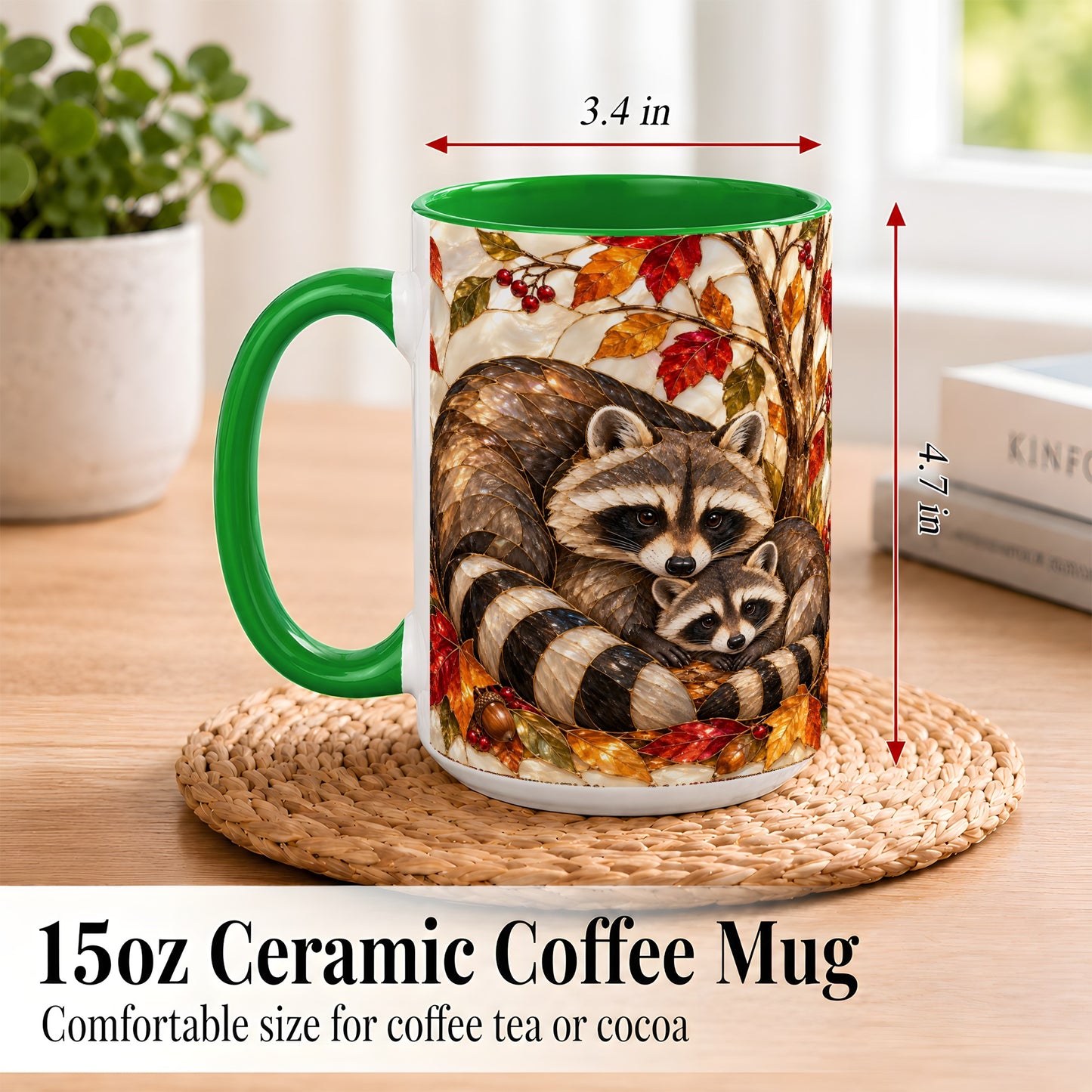 #pl[15oz|Green] Stained Glass Raccoon Coffee Mug, Autumn Family Mug, Ceramic Cup