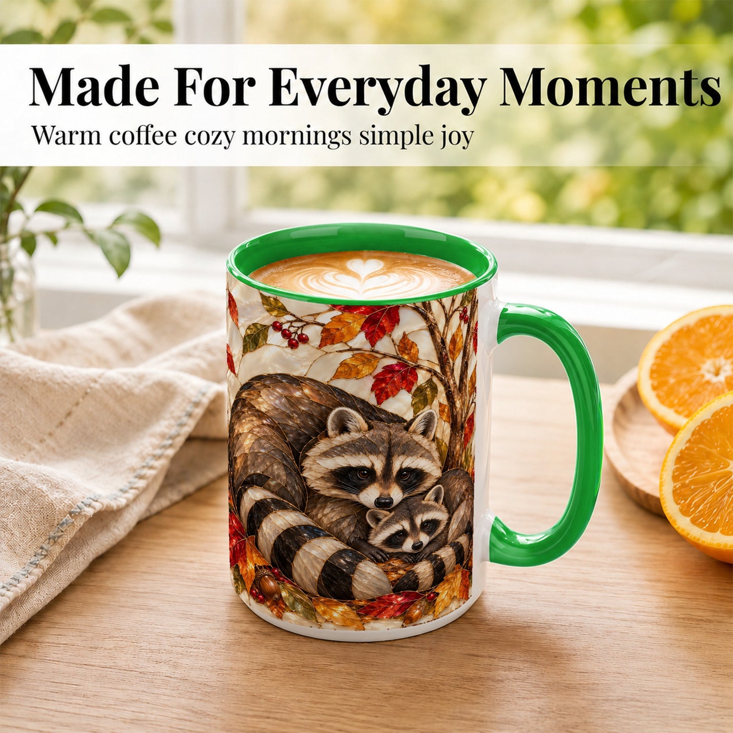 #pl[15oz|Green] Stained Glass Raccoon Coffee Mug, Autumn Family Mug, Ceramic Cup