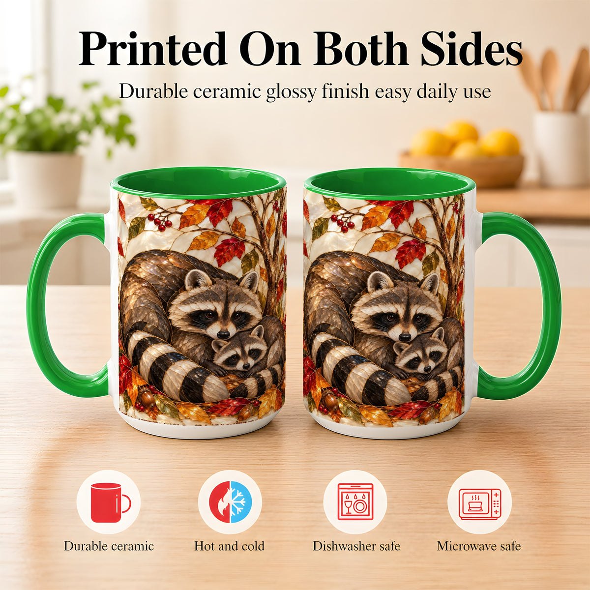 #pl[15oz|Green] Stained Glass Raccoon Coffee Mug, Autumn Family Mug, Ceramic Cup