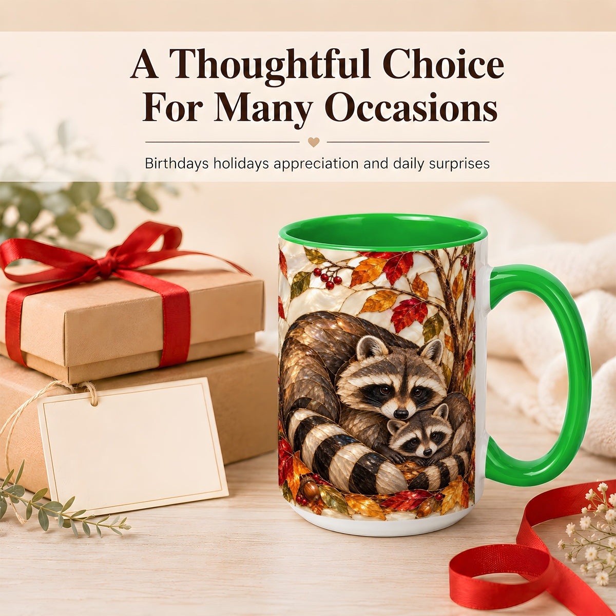 #pl[15oz|Green] Stained Glass Raccoon Coffee Mug, Autumn Family Mug, Ceramic Cup
