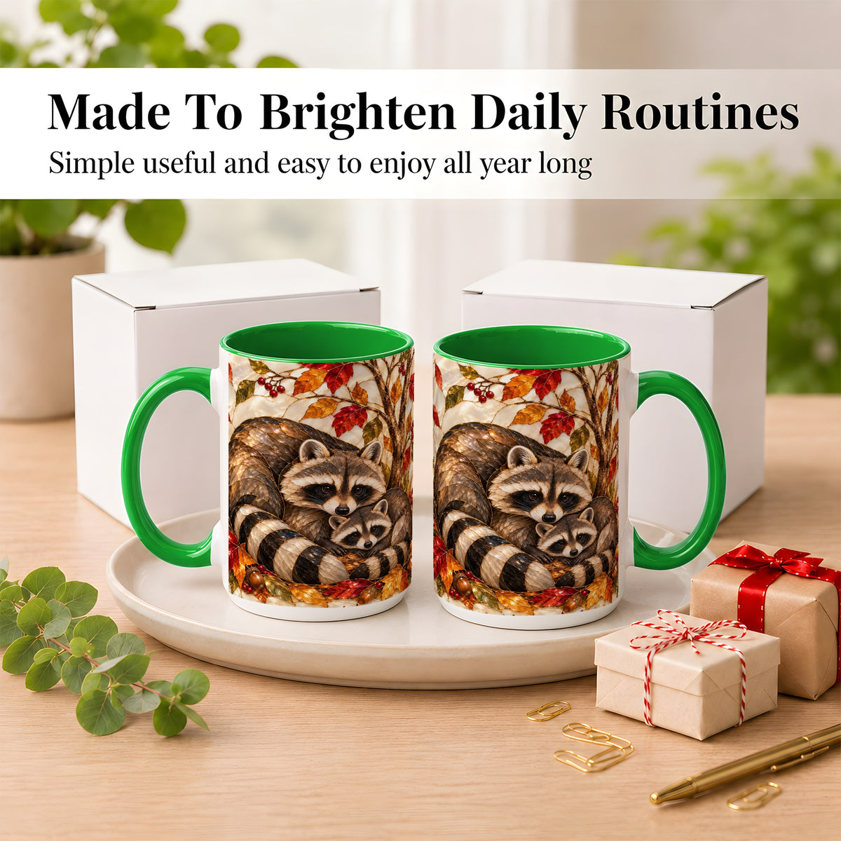 #pl[15oz|Green] Stained Glass Raccoon Coffee Mug, Autumn Family Mug, Ceramic Cup