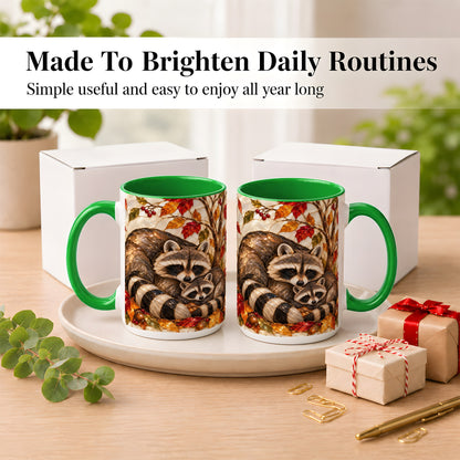 #pl[15oz|Green] Stained Glass Raccoon Coffee Mug, Autumn Family Mug, Ceramic Cup