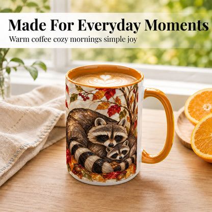 #pl[15oz|Orange] Stained Glass Raccoon Coffee Mug, Autumn Family Mug, Ceramic Cup
