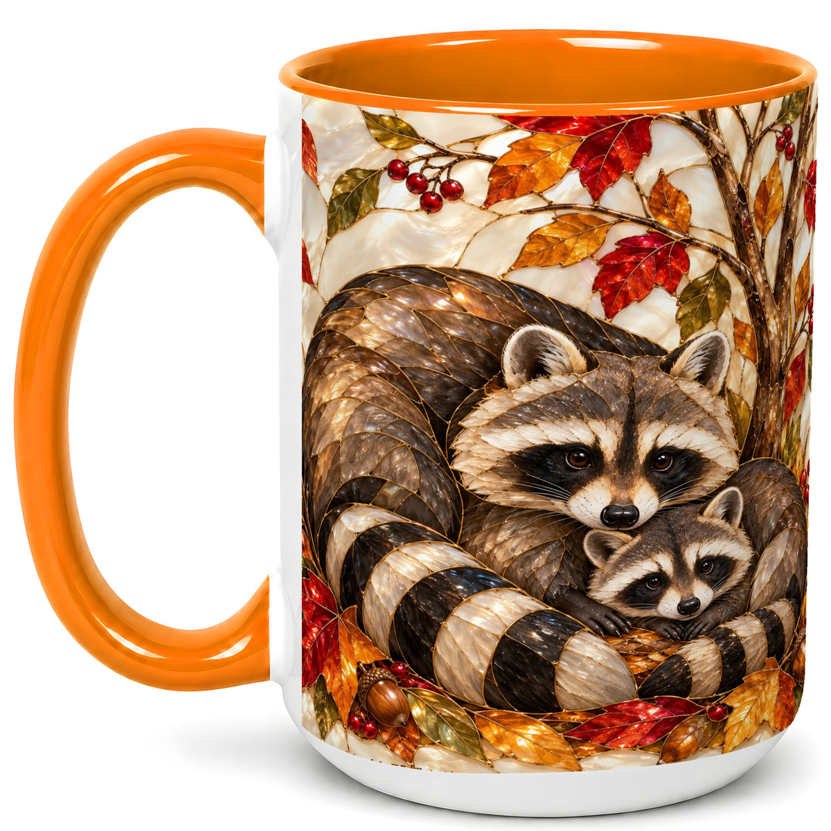 #pl[15oz|Orange] Stained Glass Raccoon Coffee Mug, Autumn Family Mug, Ceramic Cup