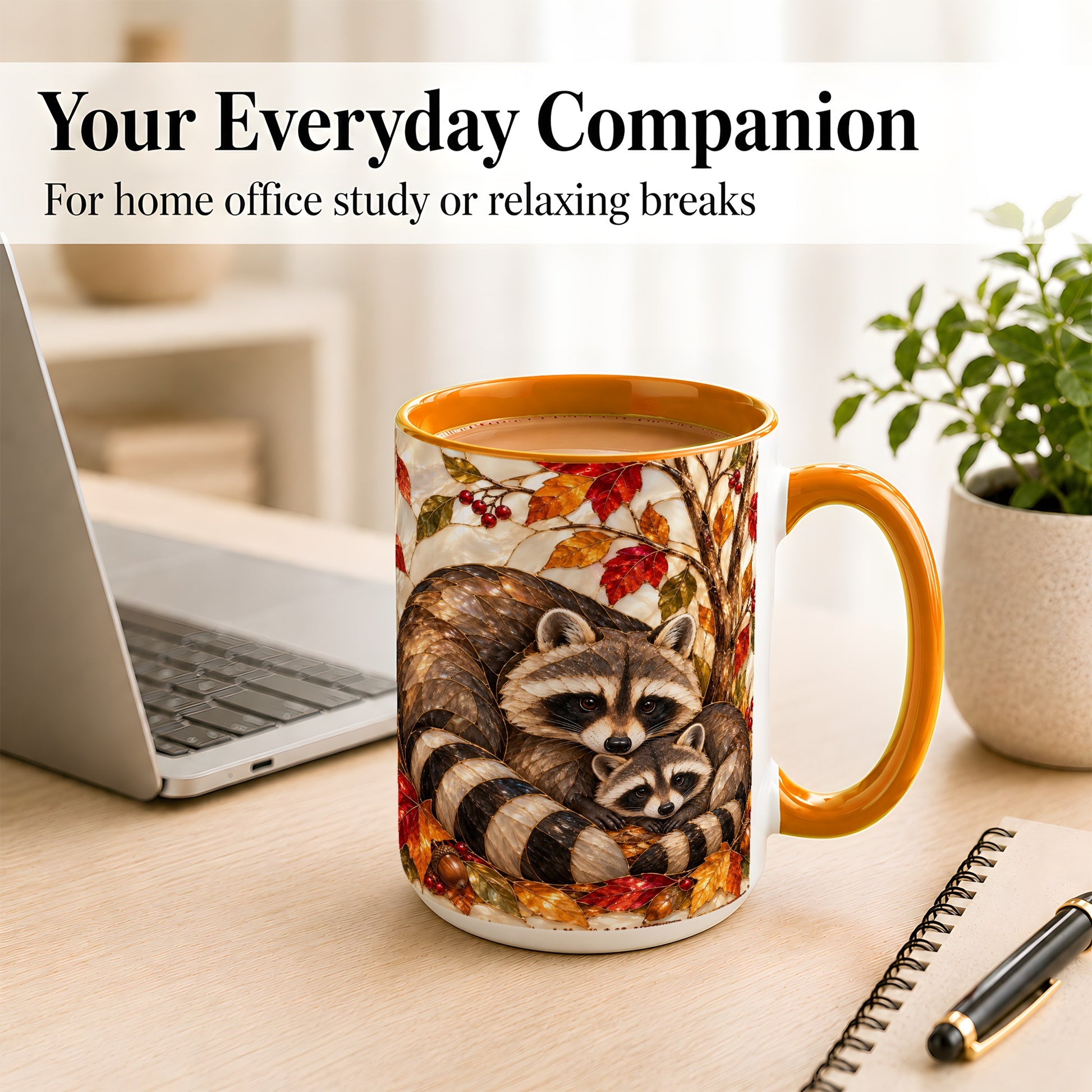 #pl[15oz|Orange] Stained Glass Raccoon Coffee Mug, Autumn Family Mug, Ceramic Cup