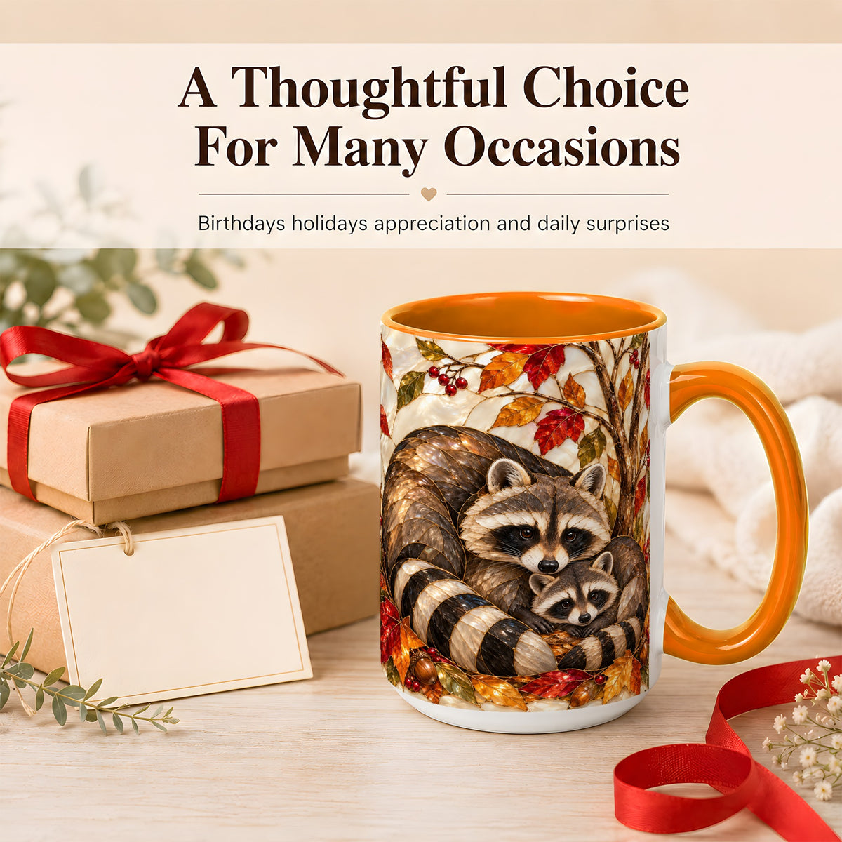 #pl[15oz|Orange] Stained Glass Raccoon Coffee Mug, Autumn Family Mug, Ceramic Cup