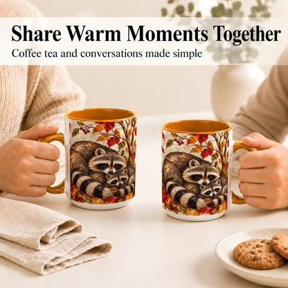 #pl[15oz|Orange] Stained Glass Raccoon Coffee Mug, Autumn Family Mug, Ceramic Cup