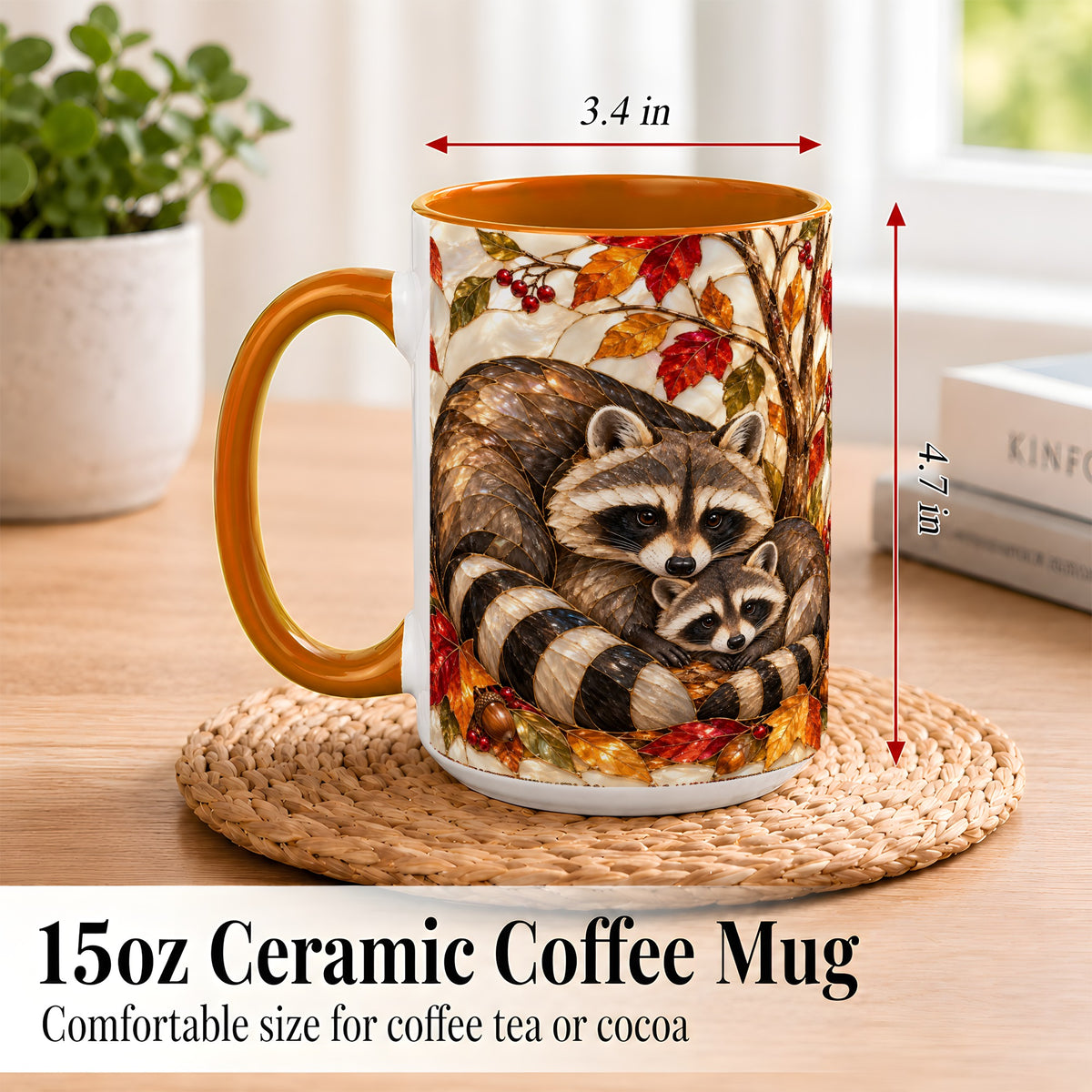 #pl[15oz|Orange] Stained Glass Raccoon Coffee Mug, Autumn Family Mug, Ceramic Cup