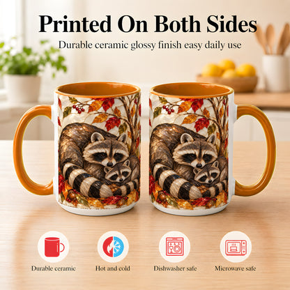 #pl[15oz|Orange] Stained Glass Raccoon Coffee Mug, Autumn Family Mug, Ceramic Cup