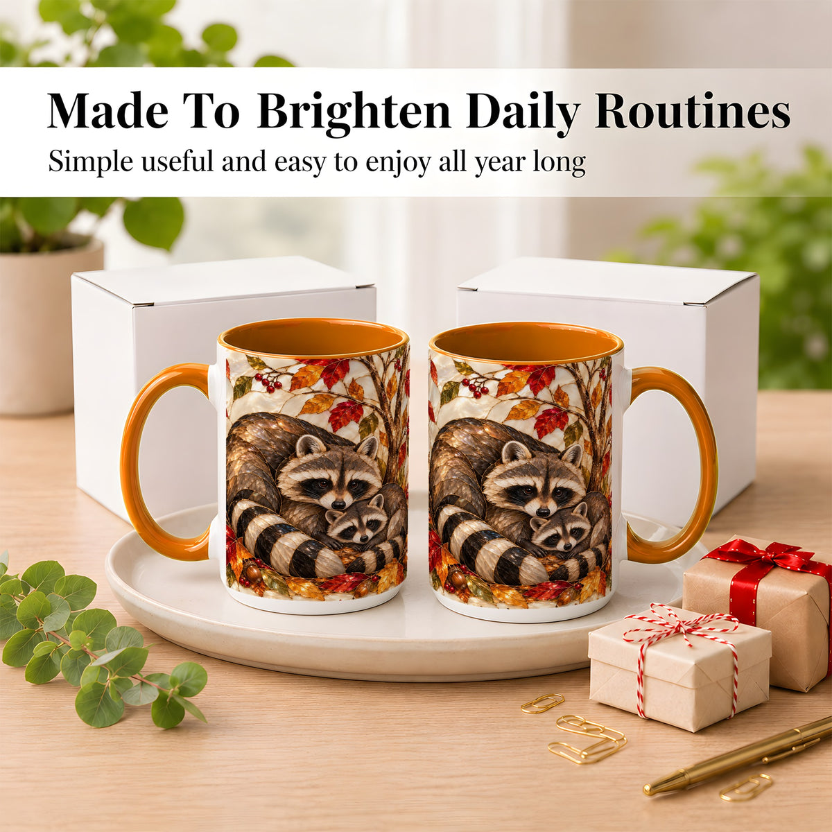 #pl[15oz|Orange] Stained Glass Raccoon Coffee Mug, Autumn Family Mug, Ceramic Cup