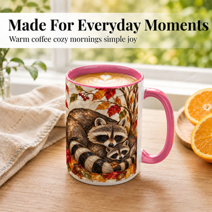 #pl[15oz|Pink] Stained Glass Raccoon Coffee Mug, Autumn Family Mug, Ceramic Cup