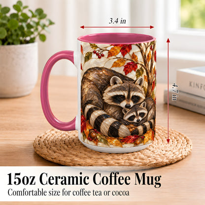 #pl[15oz|Pink] Stained Glass Raccoon Coffee Mug, Autumn Family Mug, Ceramic Cup