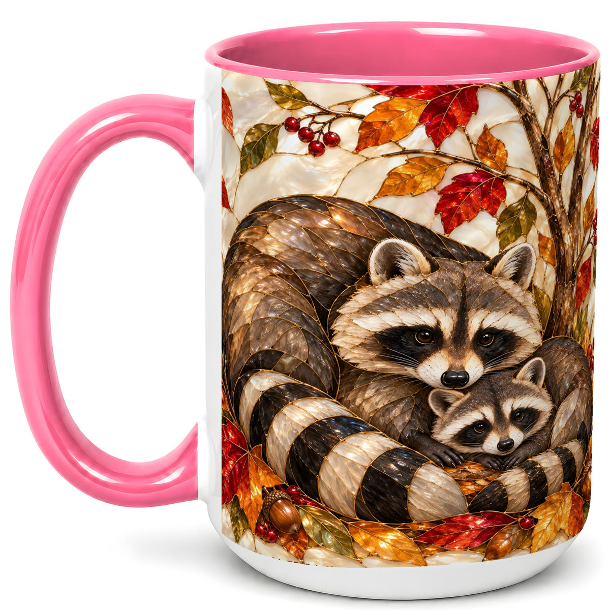 #pl[15oz|Pink] Stained Glass Raccoon Coffee Mug, Autumn Family Mug, Ceramic Cup