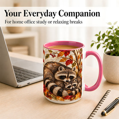 #pl[15oz|Pink] Stained Glass Raccoon Coffee Mug, Autumn Family Mug, Ceramic Cup