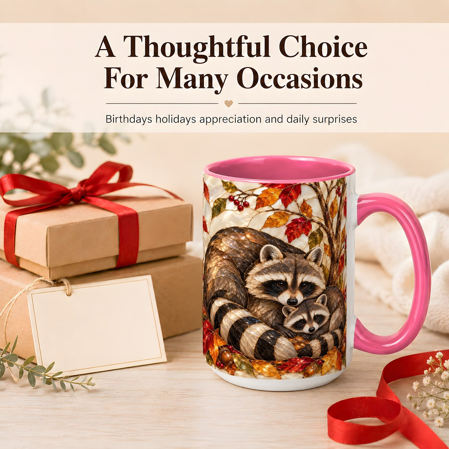 #pl[15oz|Pink] Stained Glass Raccoon Coffee Mug, Autumn Family Mug, Ceramic Cup