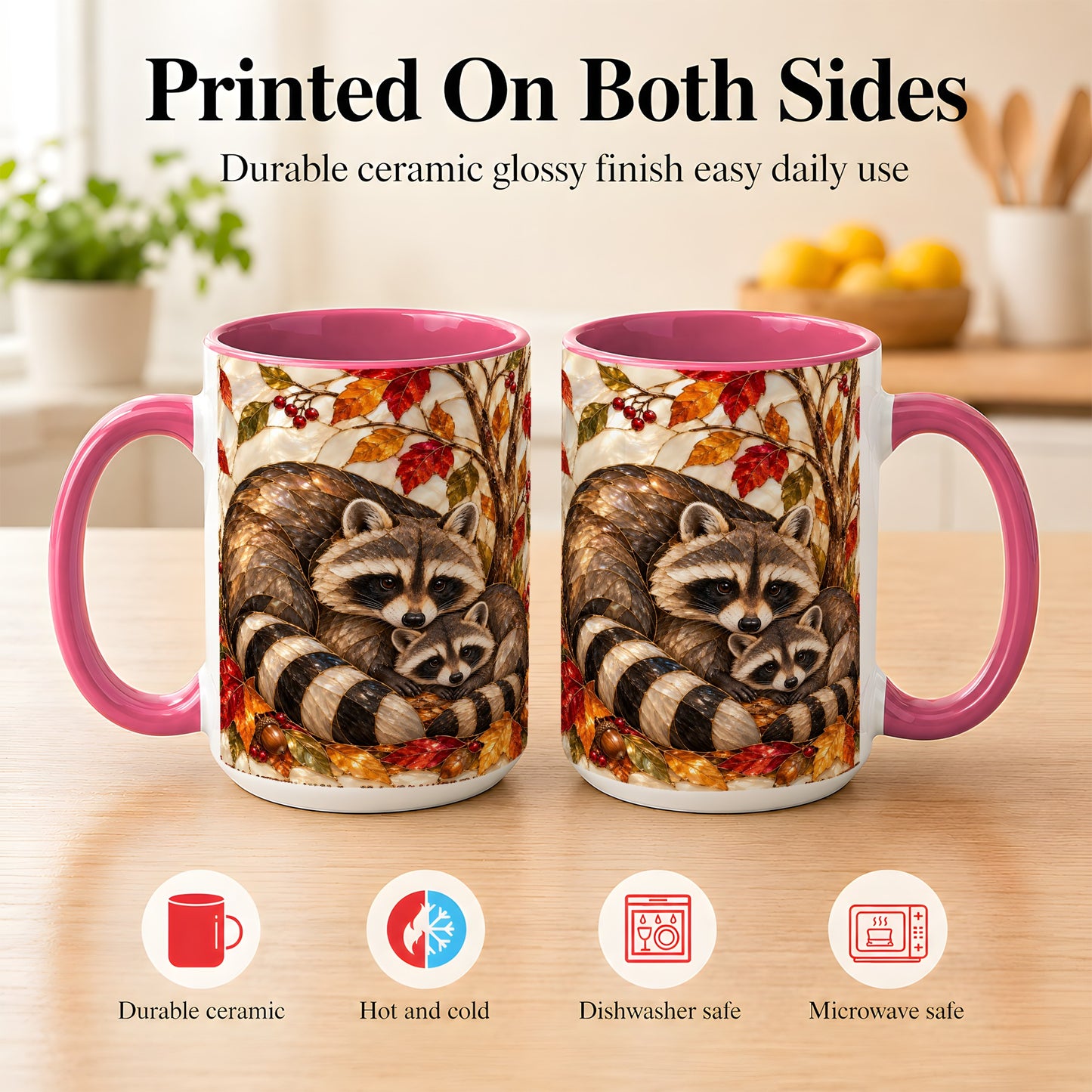 #pl[15oz|Pink] Stained Glass Raccoon Coffee Mug, Autumn Family Mug, Ceramic Cup