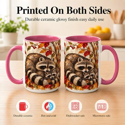 #pl[15oz|Pink] Stained Glass Raccoon Coffee Mug, Autumn Family Mug, Ceramic Cup