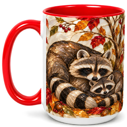 #pl[15oz|Red] Stained Glass Raccoon Coffee Mug, Autumn Family Mug, Ceramic Cup