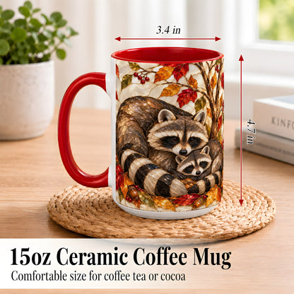#pl[15oz|Red] Stained Glass Raccoon Coffee Mug, Autumn Family Mug, Ceramic Cup