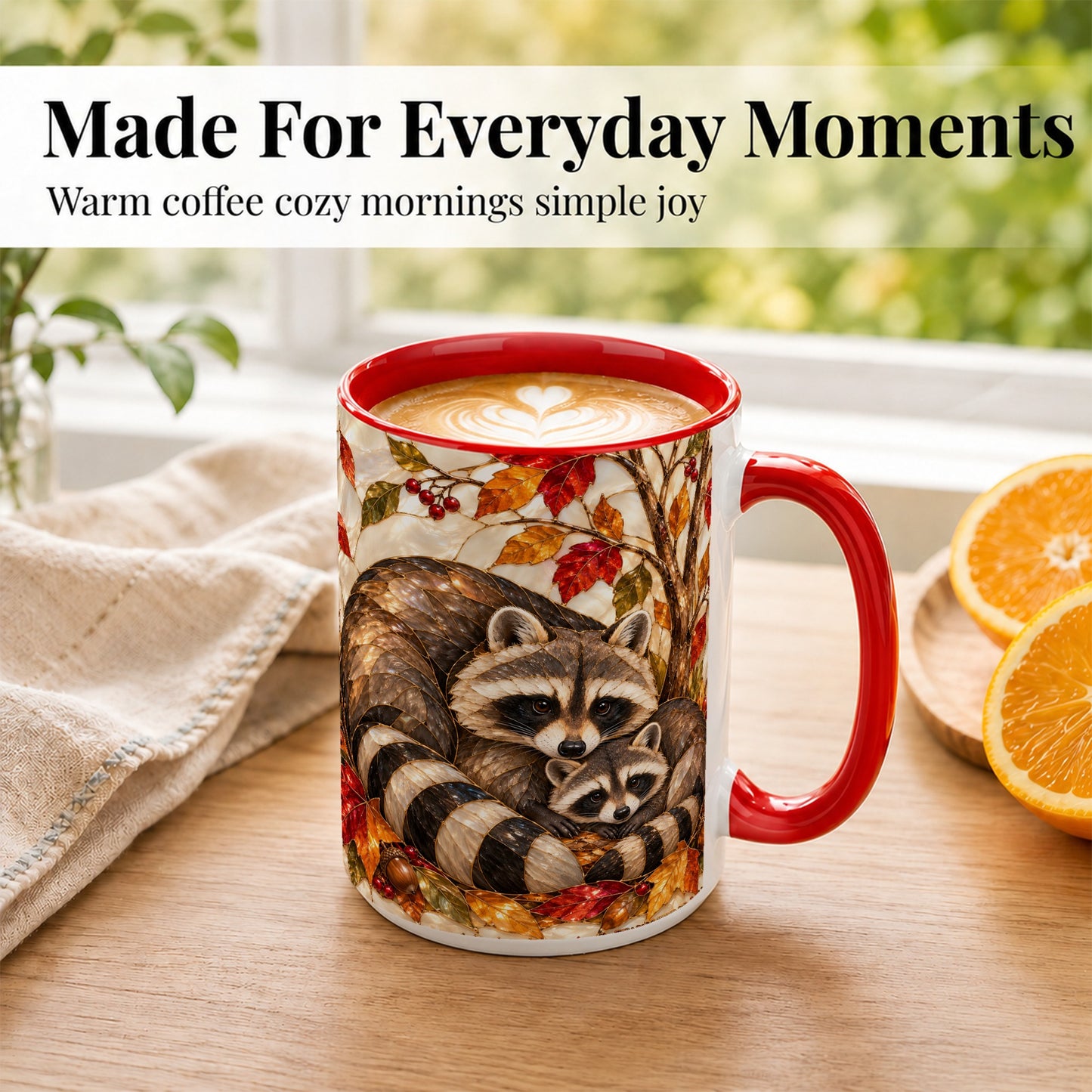 #pl[15oz|Red] Stained Glass Raccoon Coffee Mug, Autumn Family Mug, Ceramic Cup
