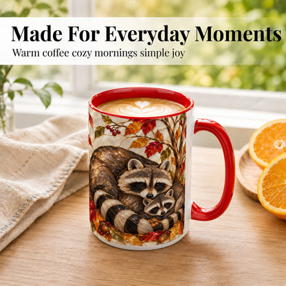 #pl[15oz|Red] Stained Glass Raccoon Coffee Mug, Autumn Family Mug, Ceramic Cup