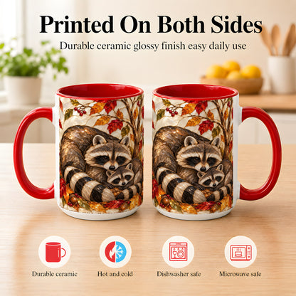 #pl[15oz|Red] Stained Glass Raccoon Coffee Mug, Autumn Family Mug, Ceramic Cup