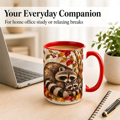 #pl[15oz|Red] Stained Glass Raccoon Coffee Mug, Autumn Family Mug, Ceramic Cup