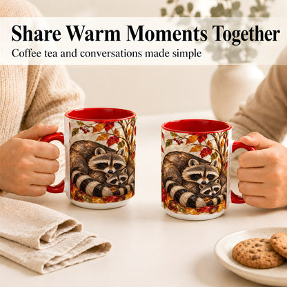#pl[15oz|Red] Stained Glass Raccoon Coffee Mug, Autumn Family Mug, Ceramic Cup