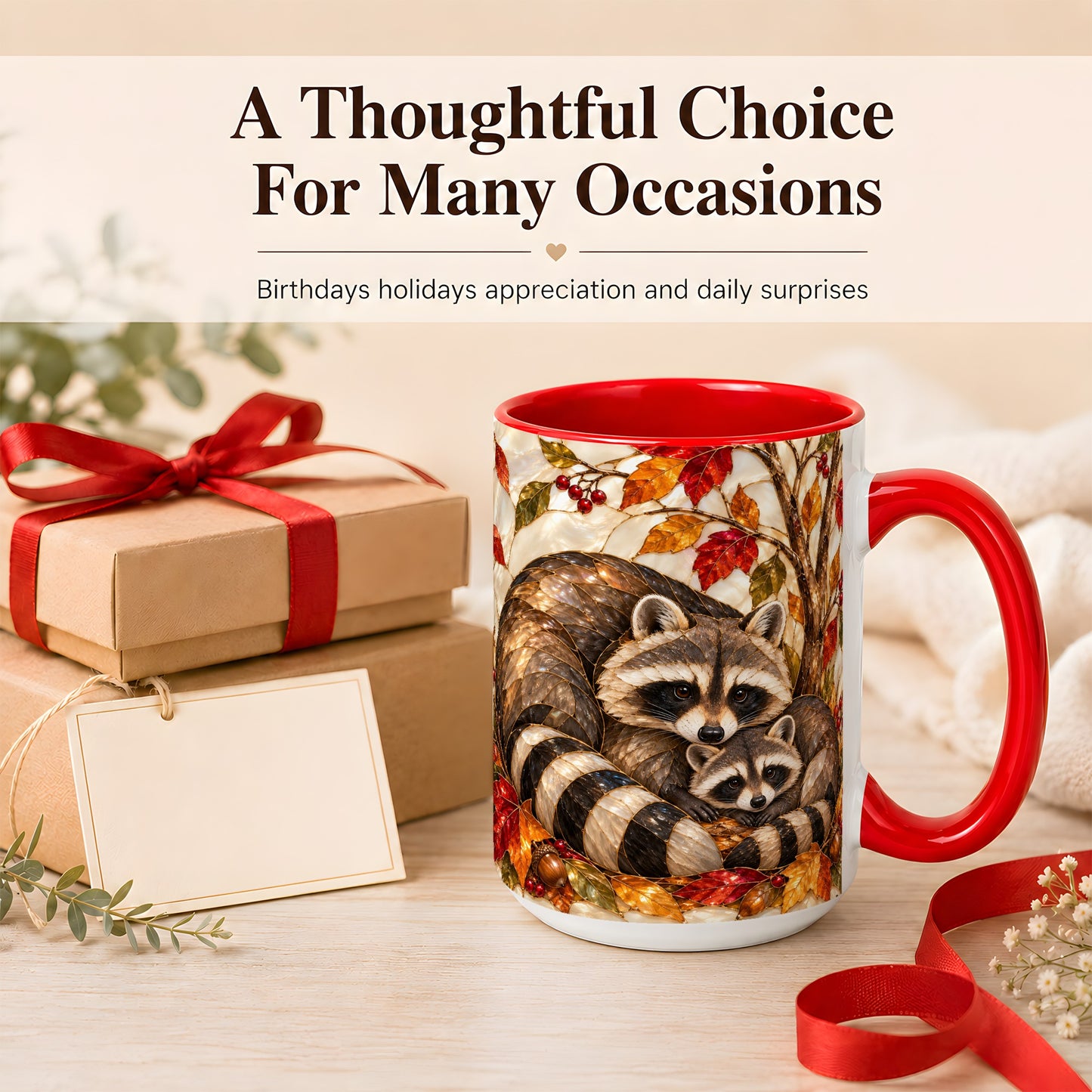 #pl[15oz|Red] Stained Glass Raccoon Coffee Mug, Autumn Family Mug, Ceramic Cup