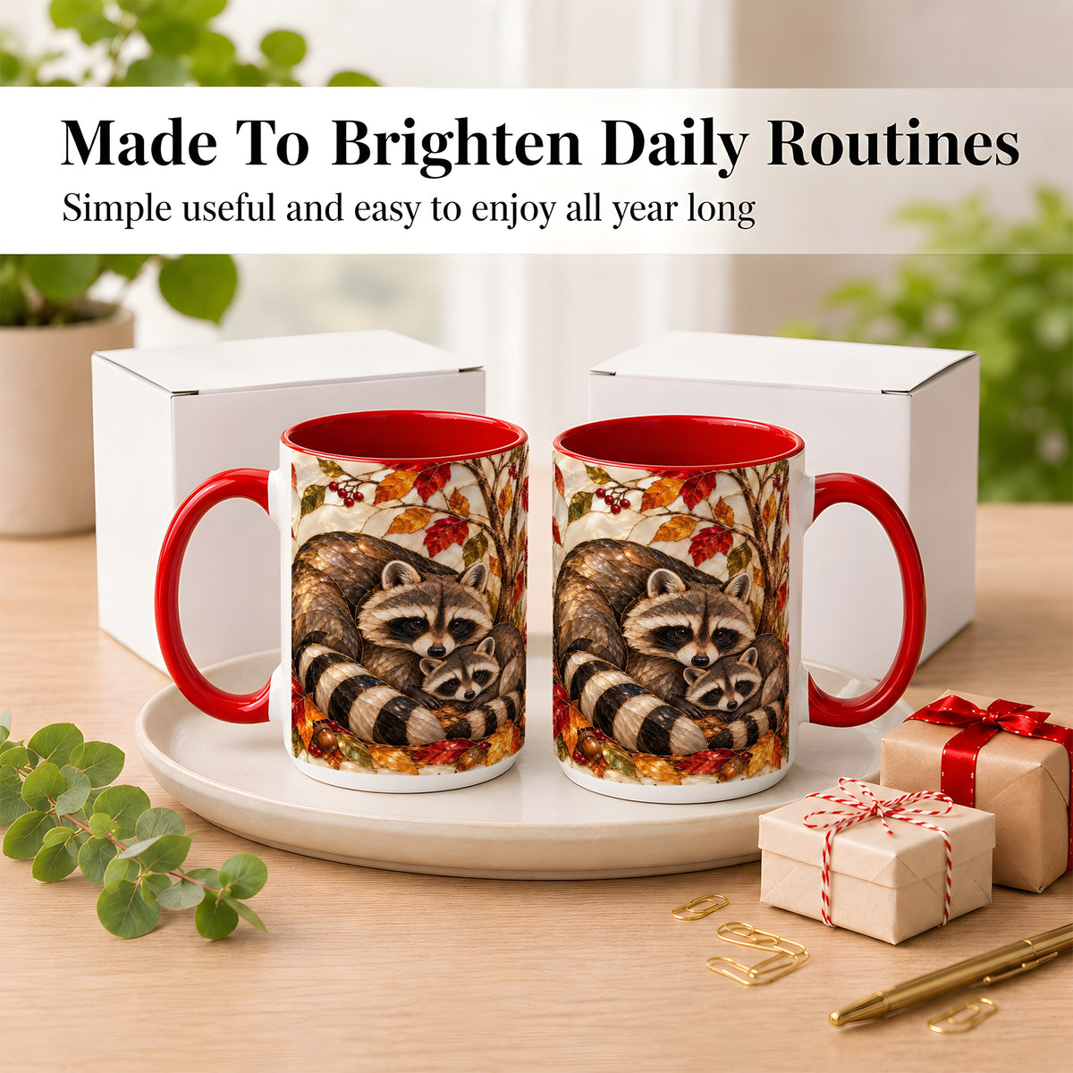 #pl[15oz|Red] Stained Glass Raccoon Coffee Mug, Autumn Family Mug, Ceramic Cup